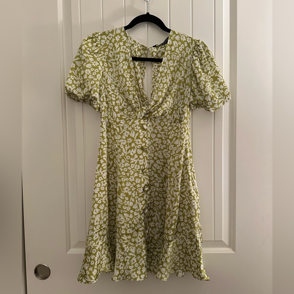 Zara Citrus Green Floral Bubble Sleeve Ruffle Dress XS